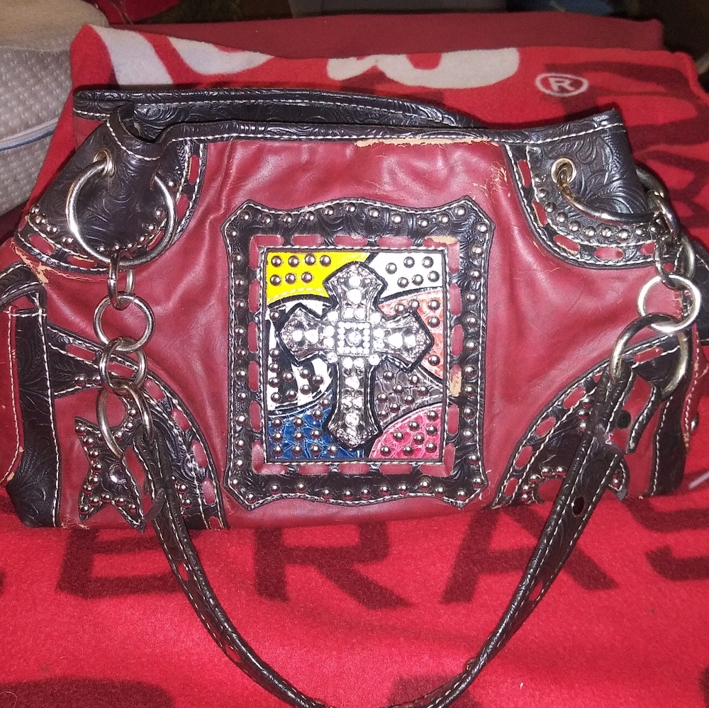 Gorgeous burgundy red with rhinestone cross design